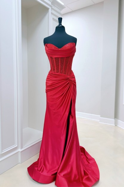 Mermaid Pink Sheath Strapless Sweetheart Long Prom Dress With Beads