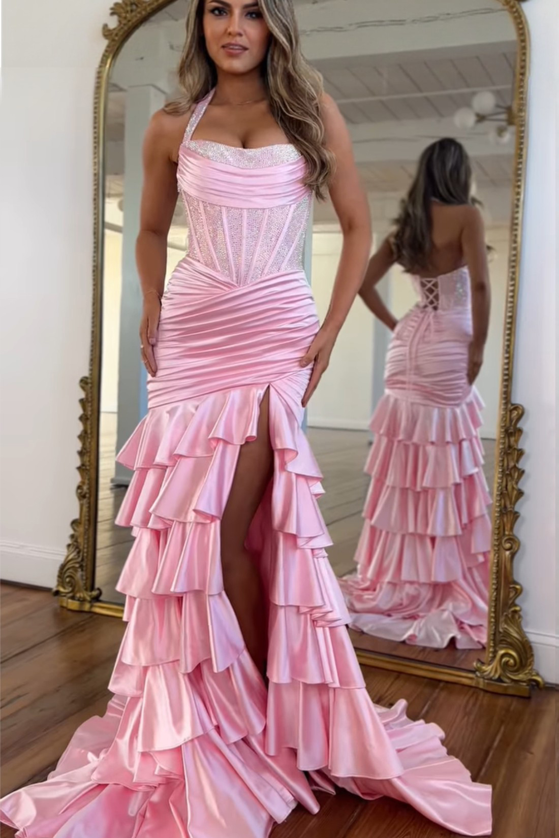 Mermaid Sheath Tiered Halter Long Prom Dress With Beads