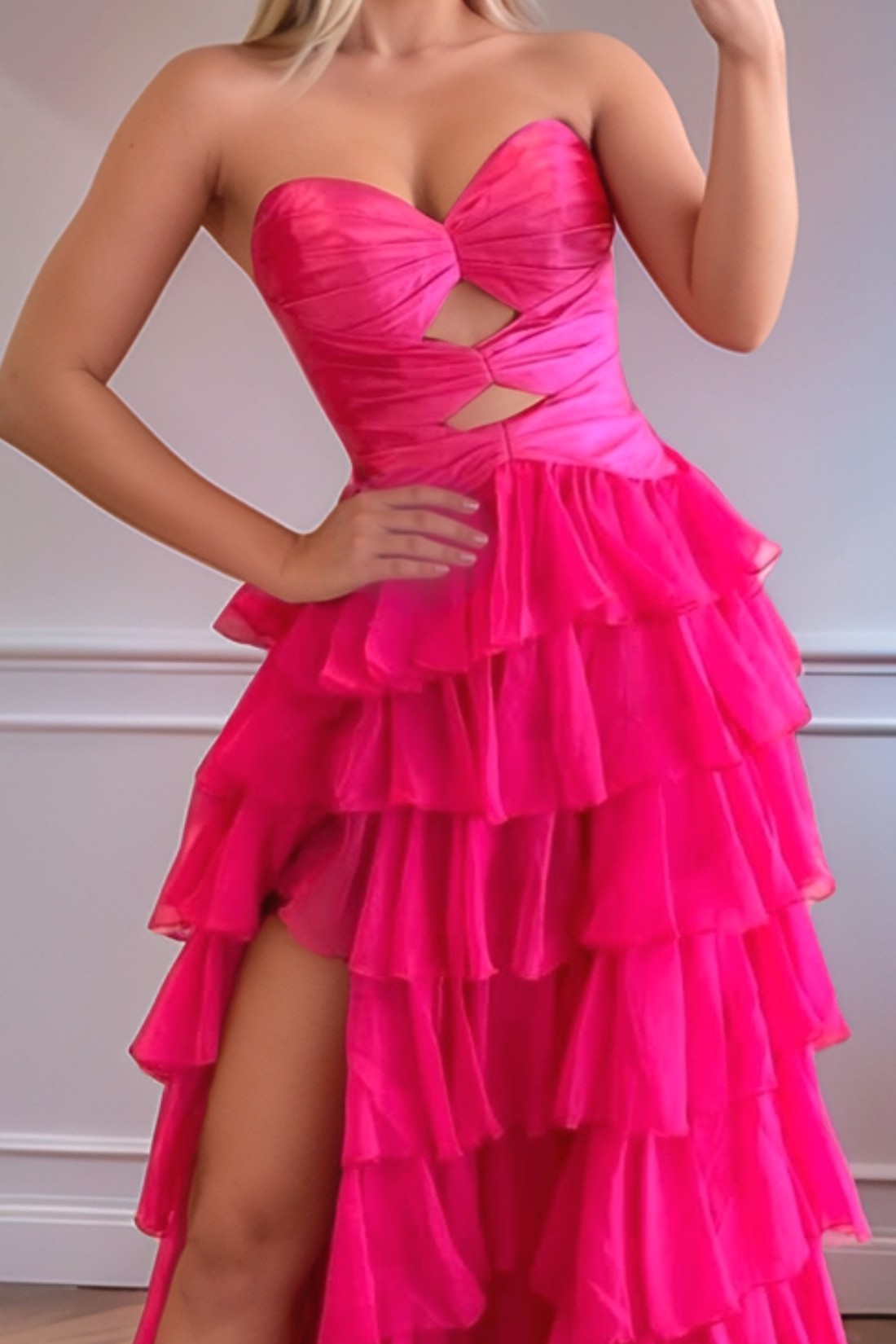 A line Tiered Keyhole Strapless Sweetheart Long Prom Dress