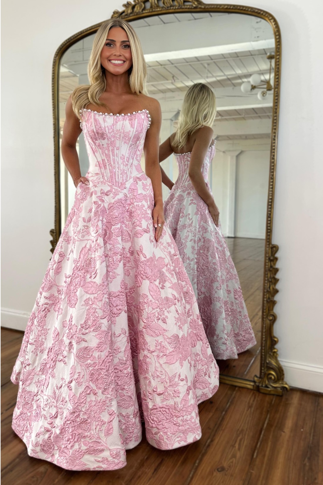Strapless A line 2.5D Floral Long Prom Dress