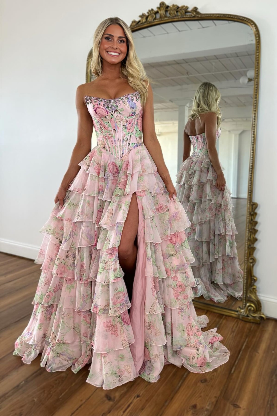 A line Floral Strapless Prom Dress With Slit