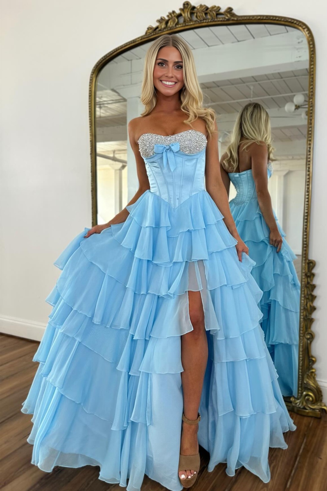 A-line Tiered Strapless Sweetheart Long Prom Dress