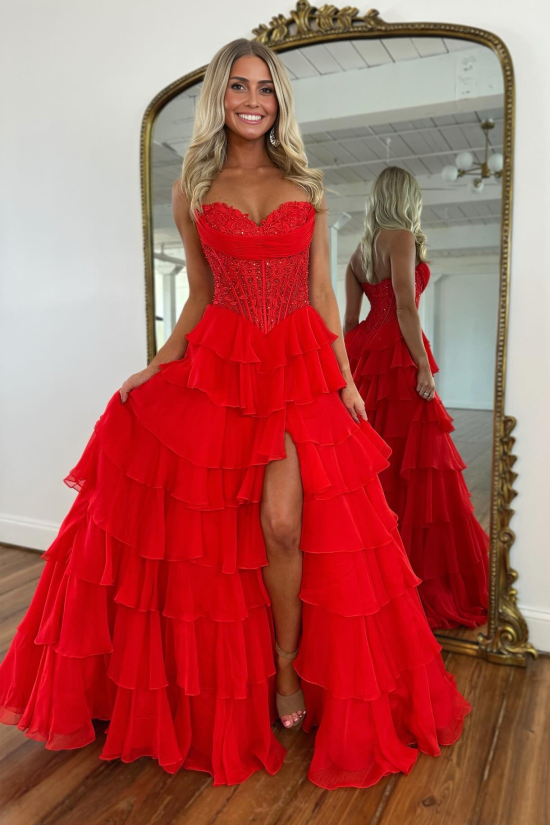 A-line Tiered Sweetheart Strapless Long Prom Dress