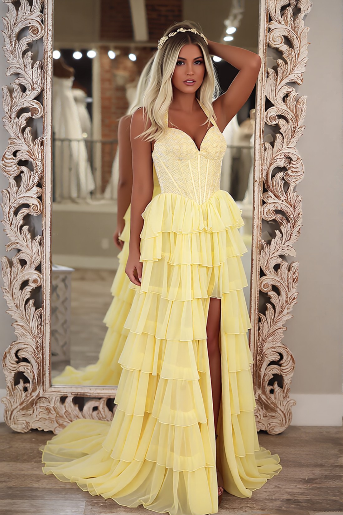 A-line Bodycon Tiered Strapless Long Prom Dress With Beads