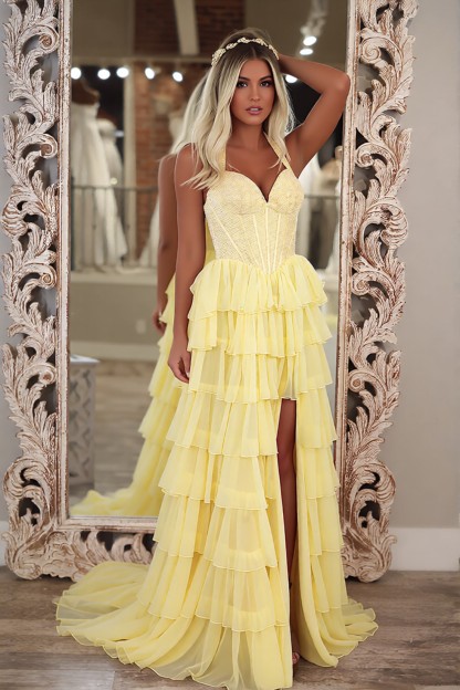 A-line Bodycon Tiered Strapless Long Prom Dress With Beads