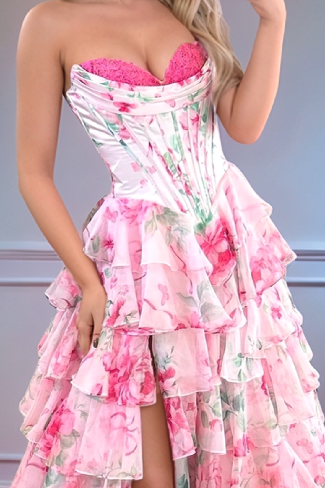A line Floral Tiered Strapless Sweetheart Long Prom Dress