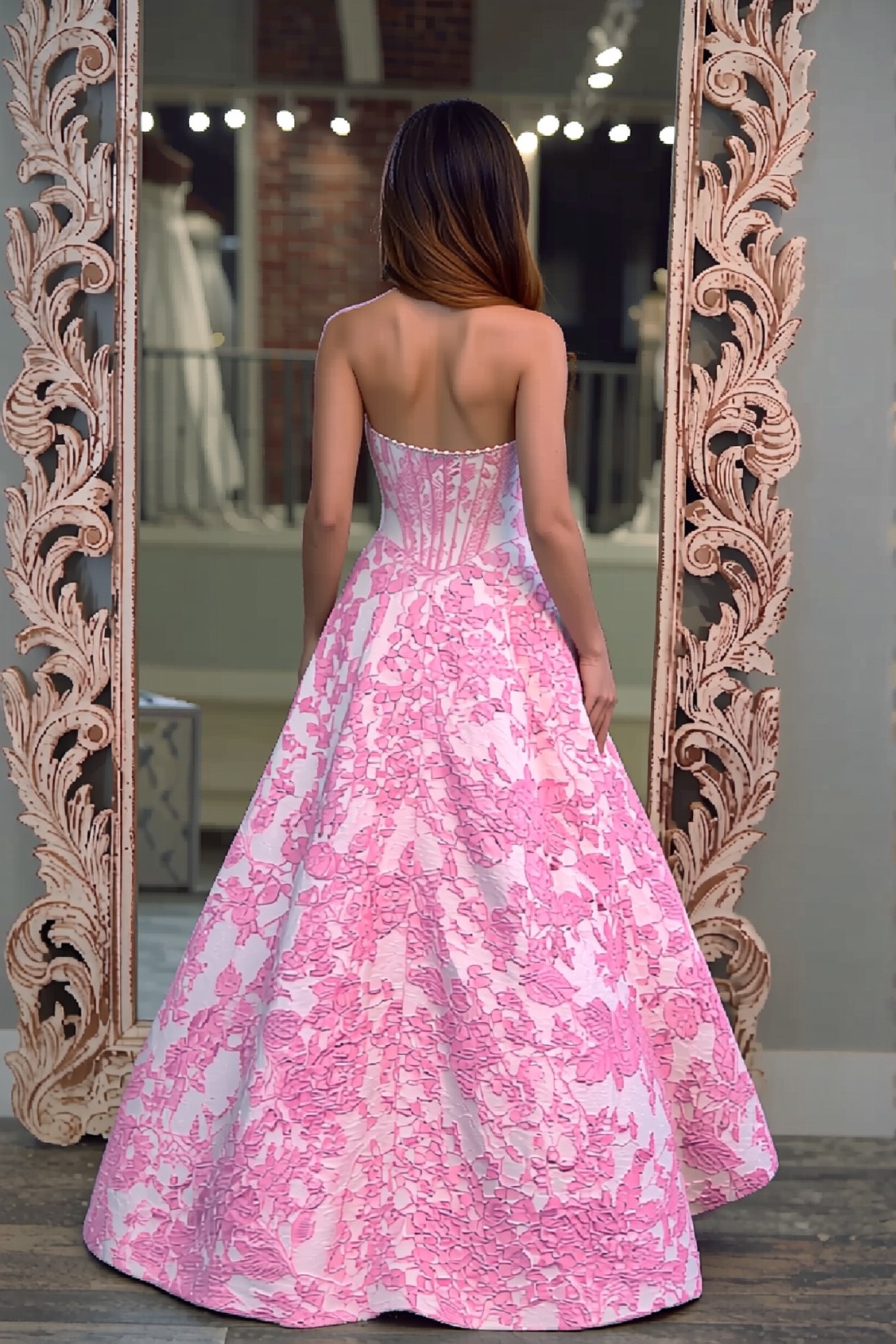 Strapless A line 3D Floral Long Prom Dress
