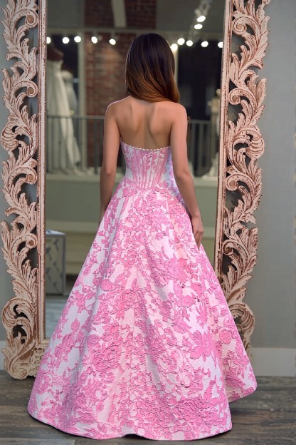 Strapless A line 3D Floral Long Prom Dress
