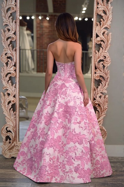 Strapless A line 2.5D Floral Long Prom Dress With Pearls