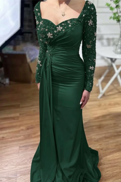 Champagne Long Mermaid Sweetheart Satin Sleeves Formal Prom Dress with Pearls