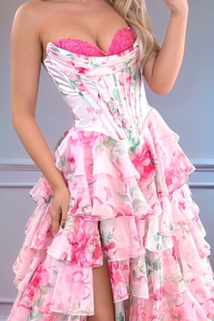 A line Floral Tiered Strapless Sweetheart Long Prom Dress
