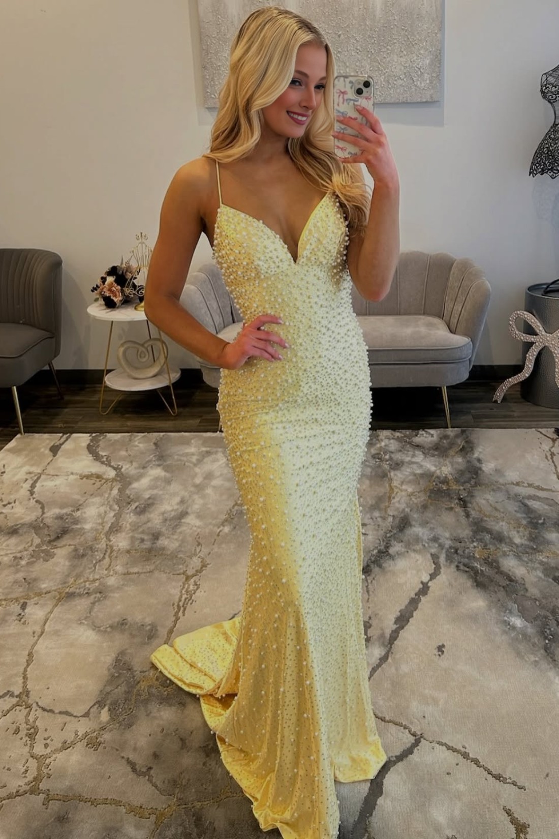 Black V Neck Spaghetti Straps Mermaid Long Prom Dress With Pearls