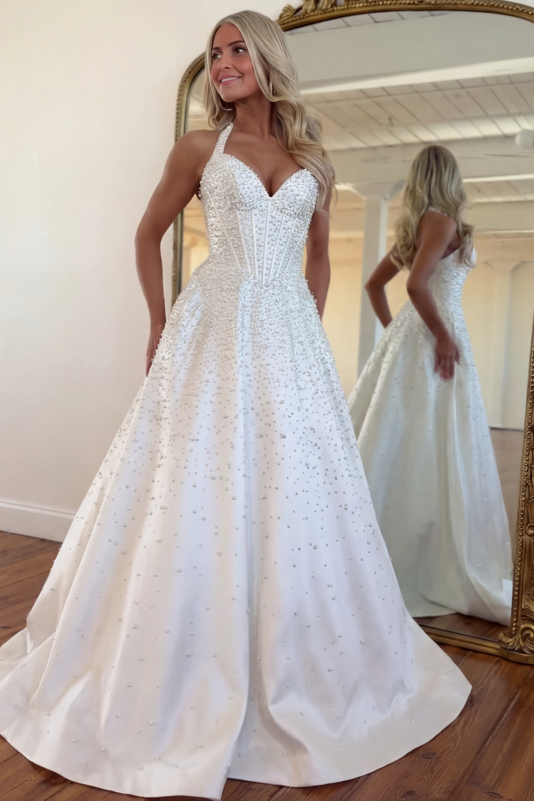 A-line Halter Sweetheart Long Prom Dress With Beads