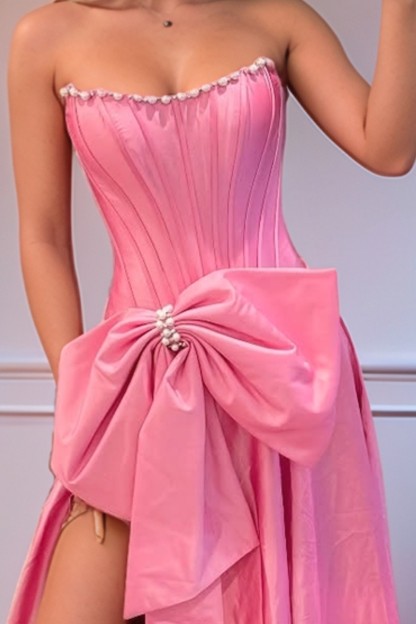 A line Satin Strapless Long Prom Dress With Bow