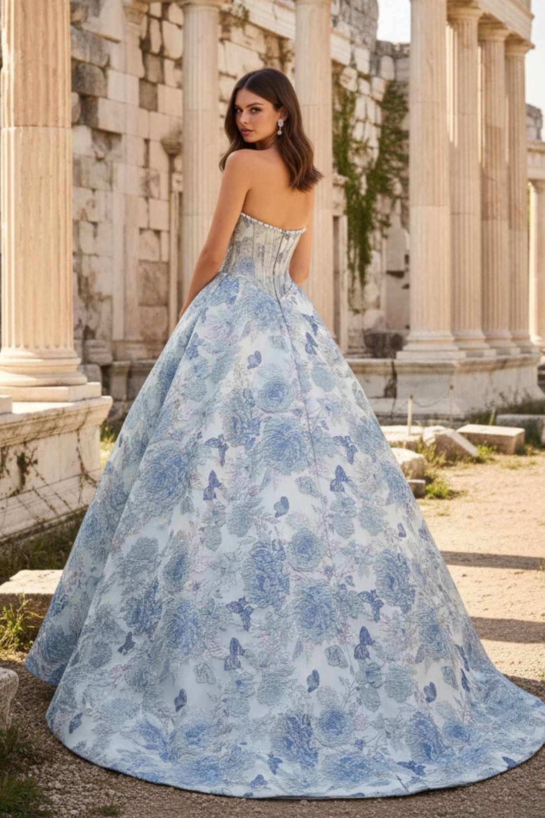 Strapless A line 2.5D Floral Long Prom Dress With Pearls