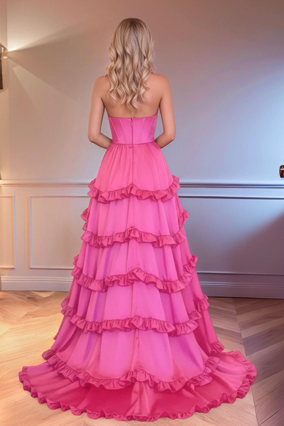 A line High Neck Ruffles Sweep Train Prom Dress