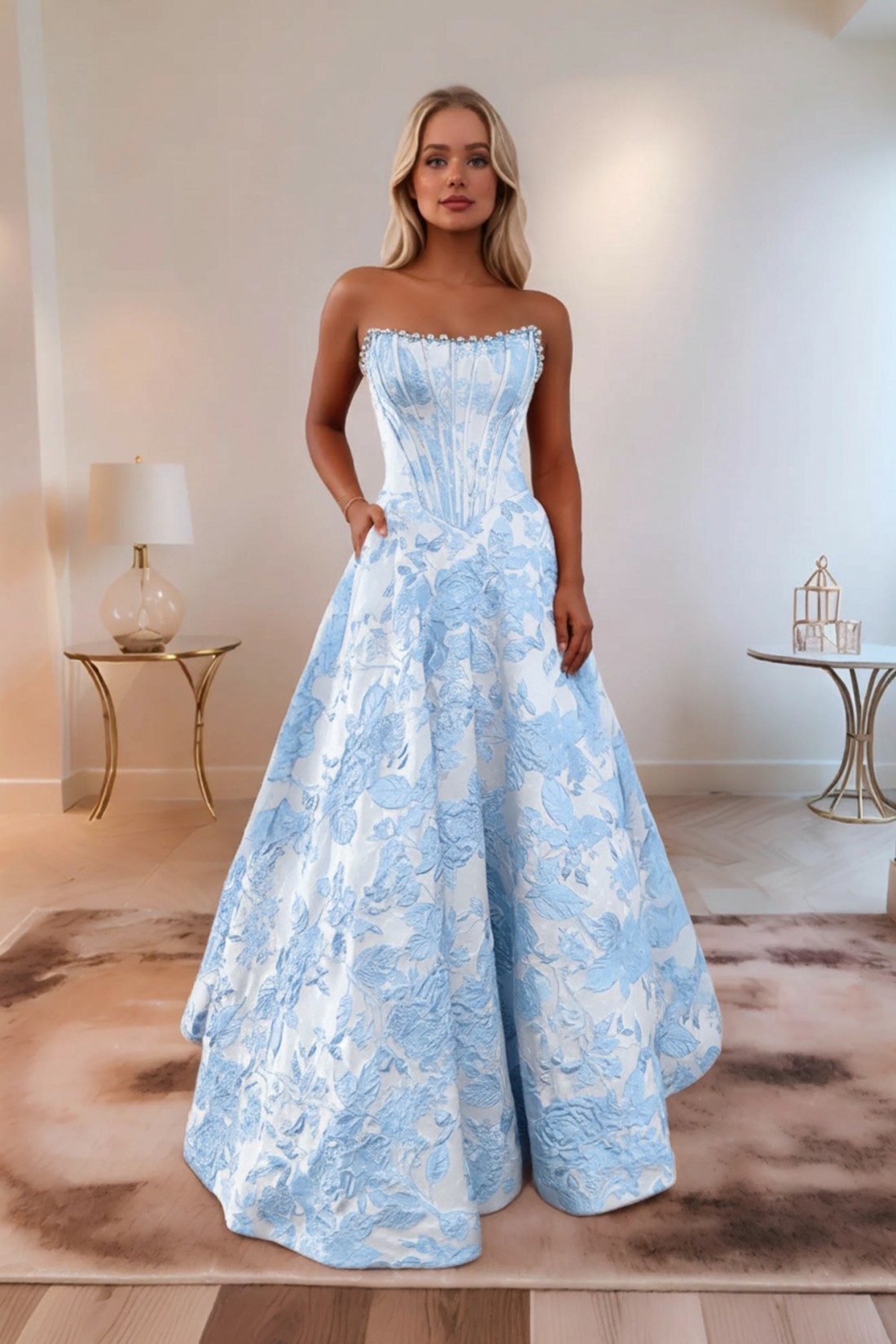 Strapless A line 3D Floral Long Prom Dress