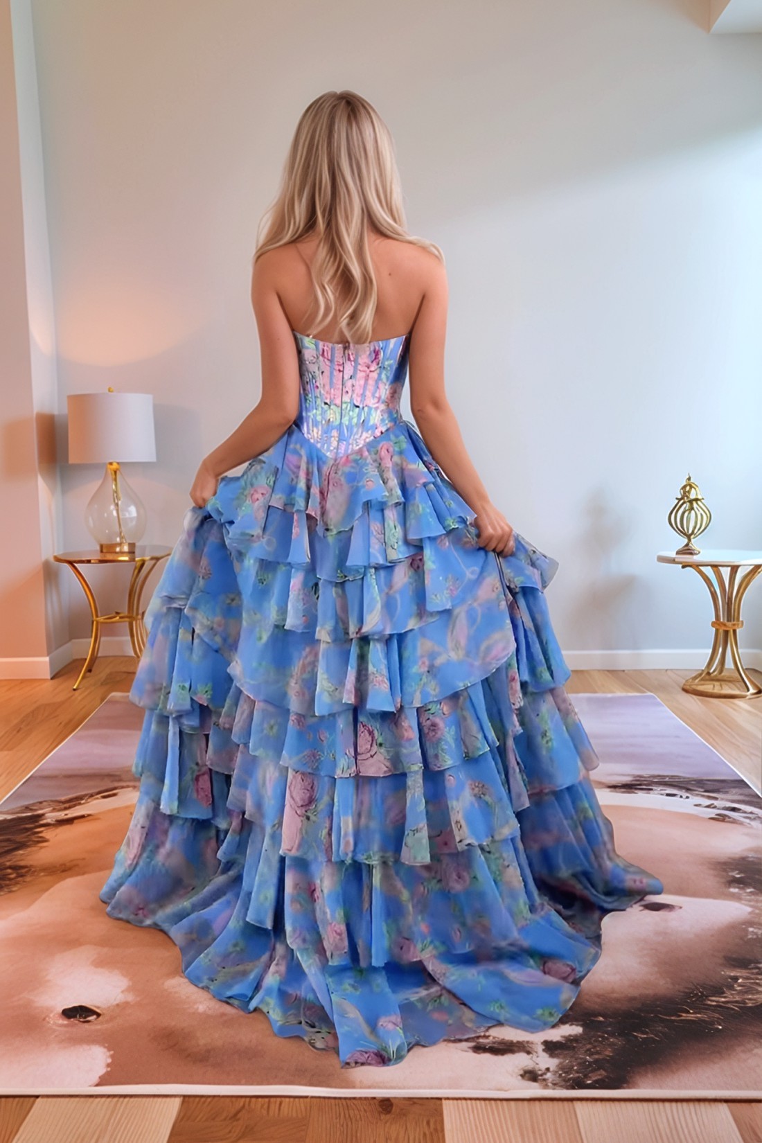 A line Floral Printed Strapless Prom Dress With Slit