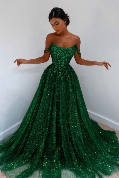 Sparkly Long A-line Sweetheart Sleeveless Sequined Evening Prom Dress