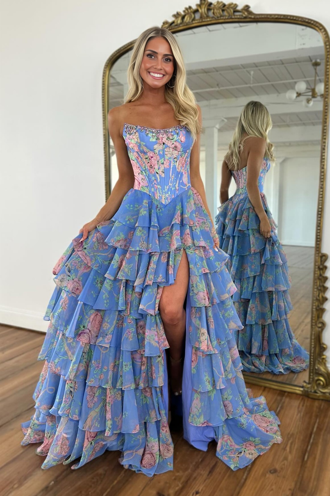 A line Floral Strapless Prom Dress With Slit