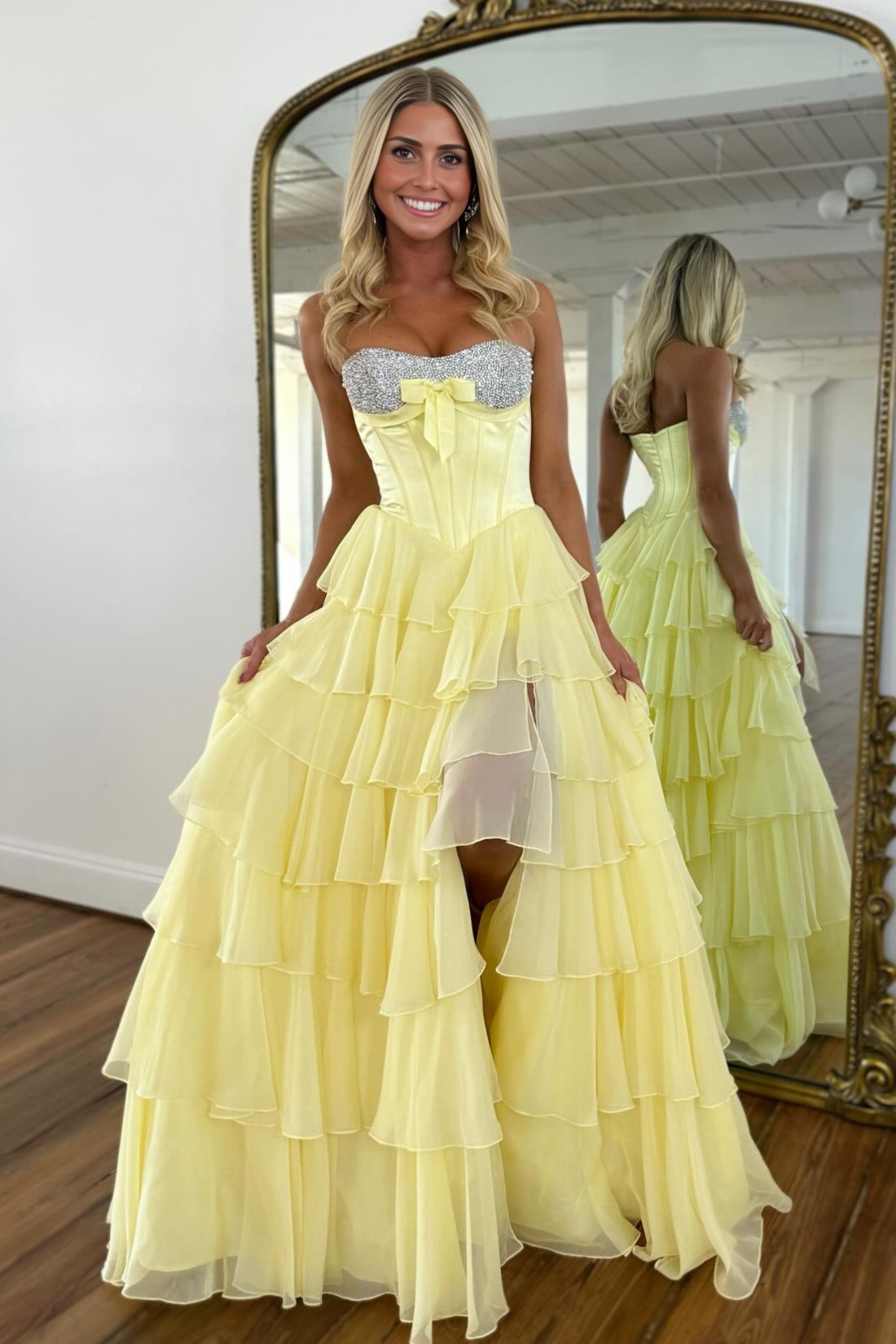 A-line Tiered Strapless Sweetheart Long Prom Dress