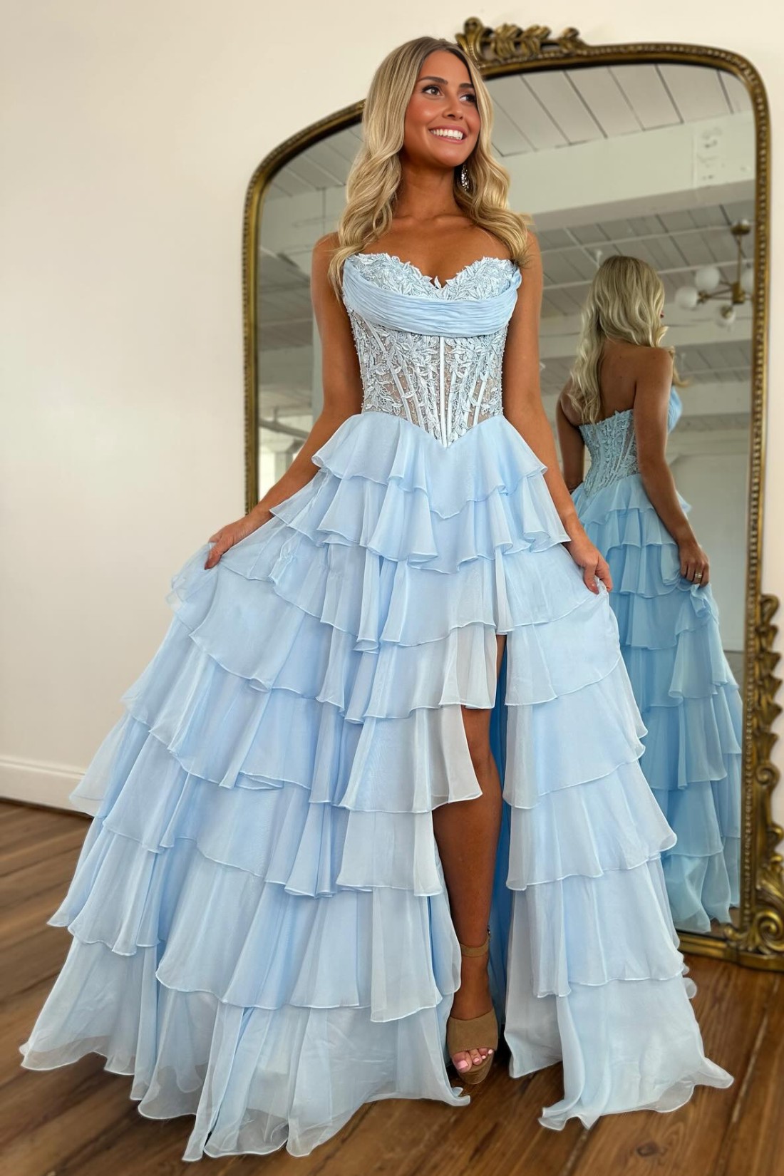 A-line Tiered Sweetheart Strapless Long Prom Dress