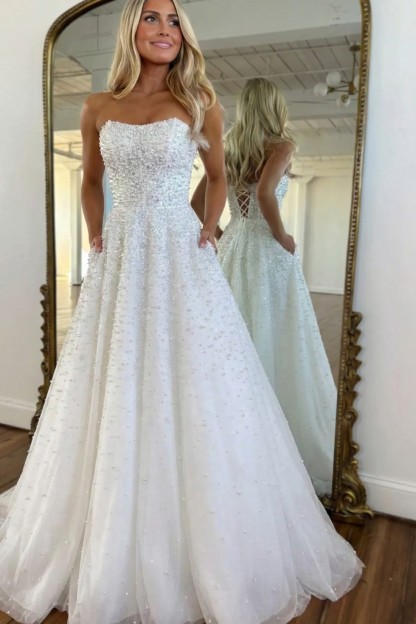 A-line Strapless Sweetheart Long Prom Dress With Beads