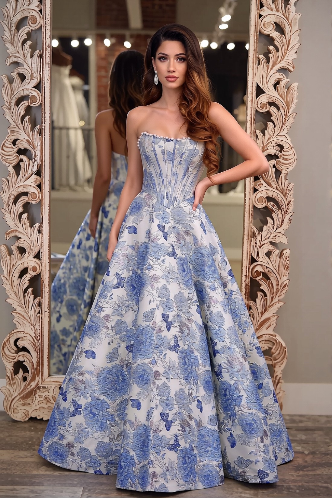 Strapless A line 2.5D Floral Long Prom Dress With Pearls