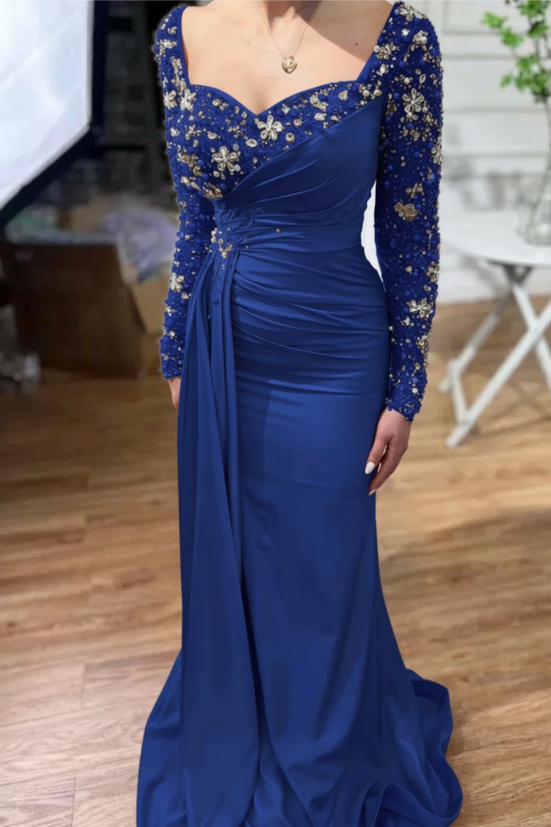 Champagne Long Mermaid Sweetheart Satin Sleeves Formal Prom Dress with Pearls