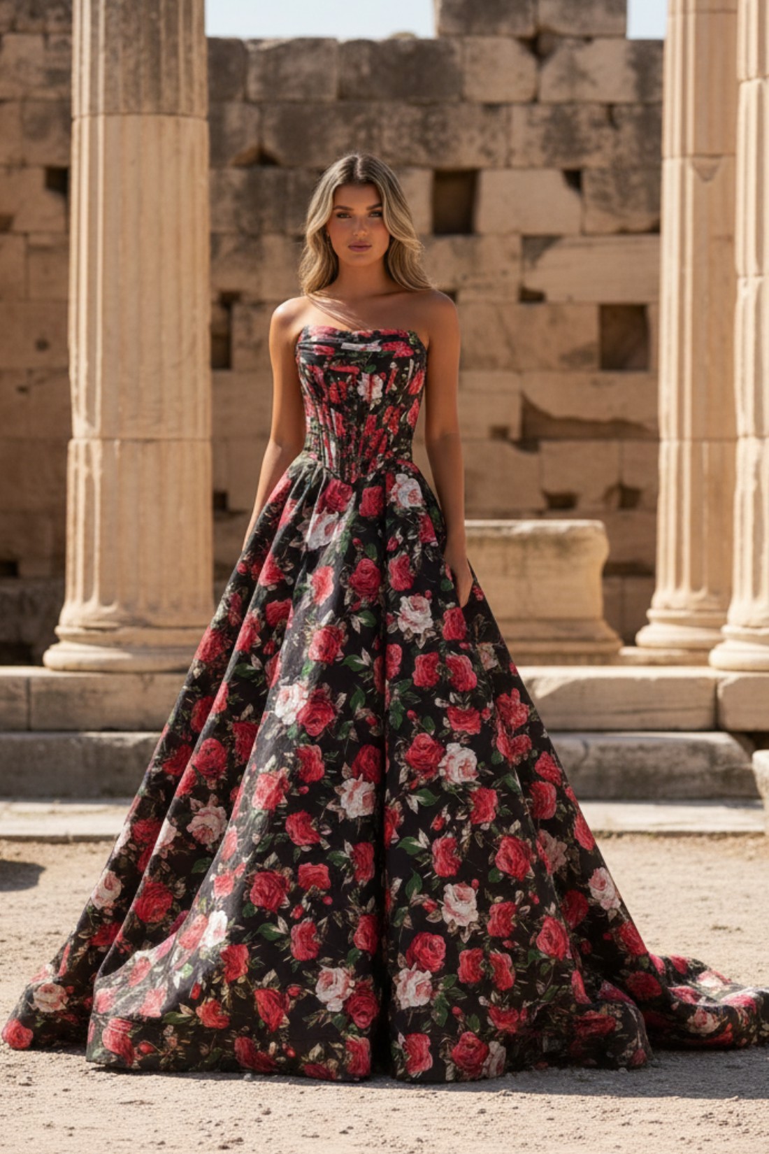 A line Spaghetti Straps Floral Sweep Train Long Prom Dress