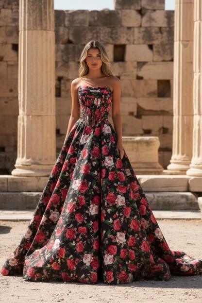 A line Spaghetti Straps Floral Sweep Train Long Prom Dress