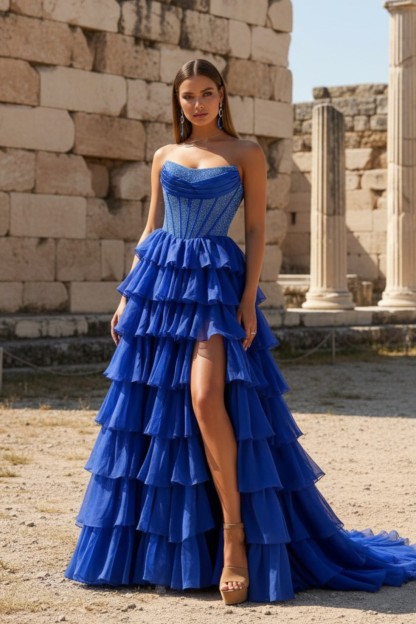 A line Corset Tiered Strapless Long Prom Dress With Beads