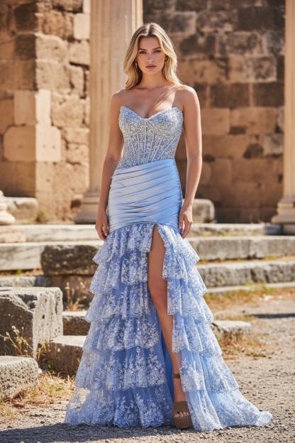 A line Satin Strapless Ruffles Sweetheart Prom Dress With Slit