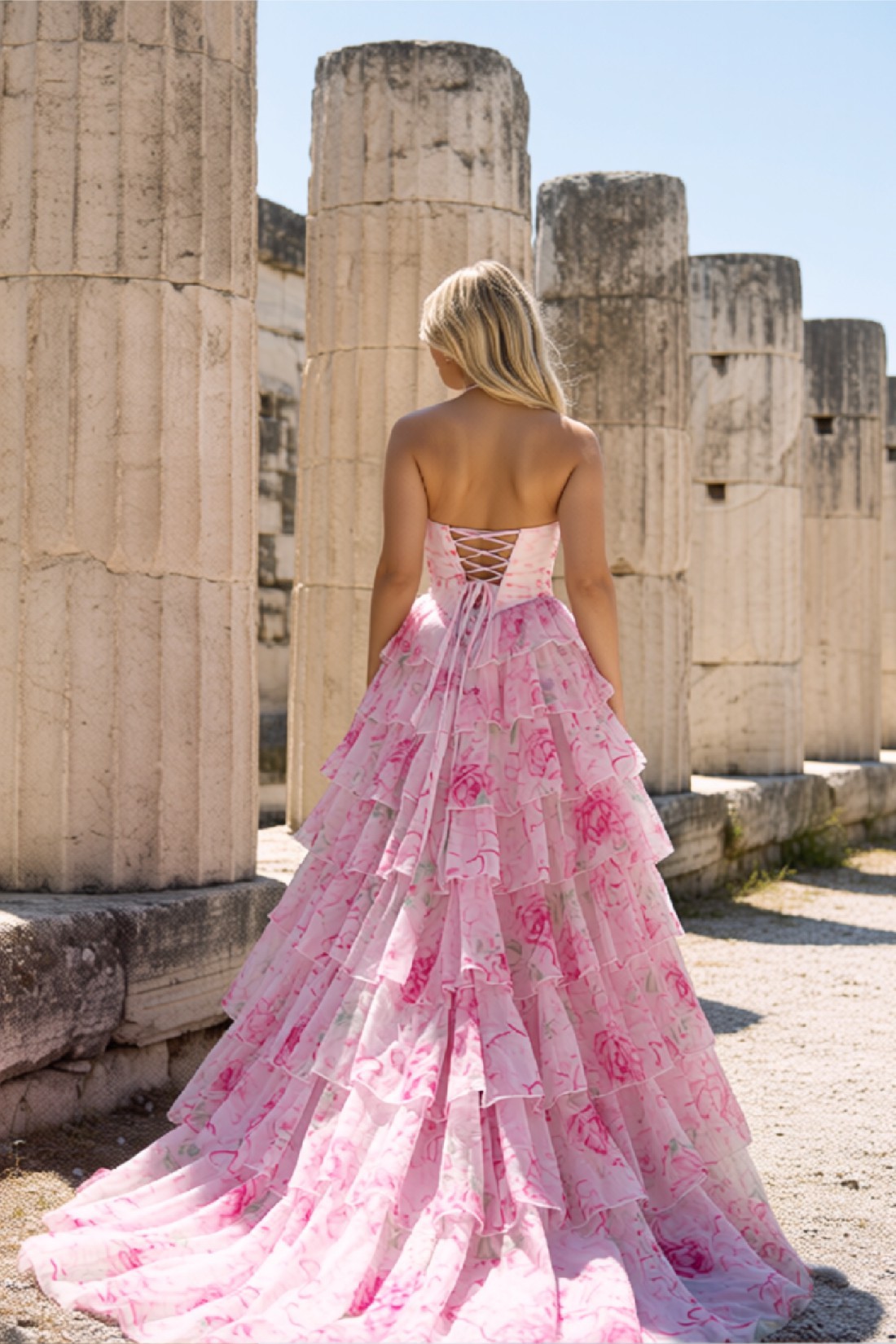 A line Floral Tiered Strapless Sweetheart Long Prom Dress