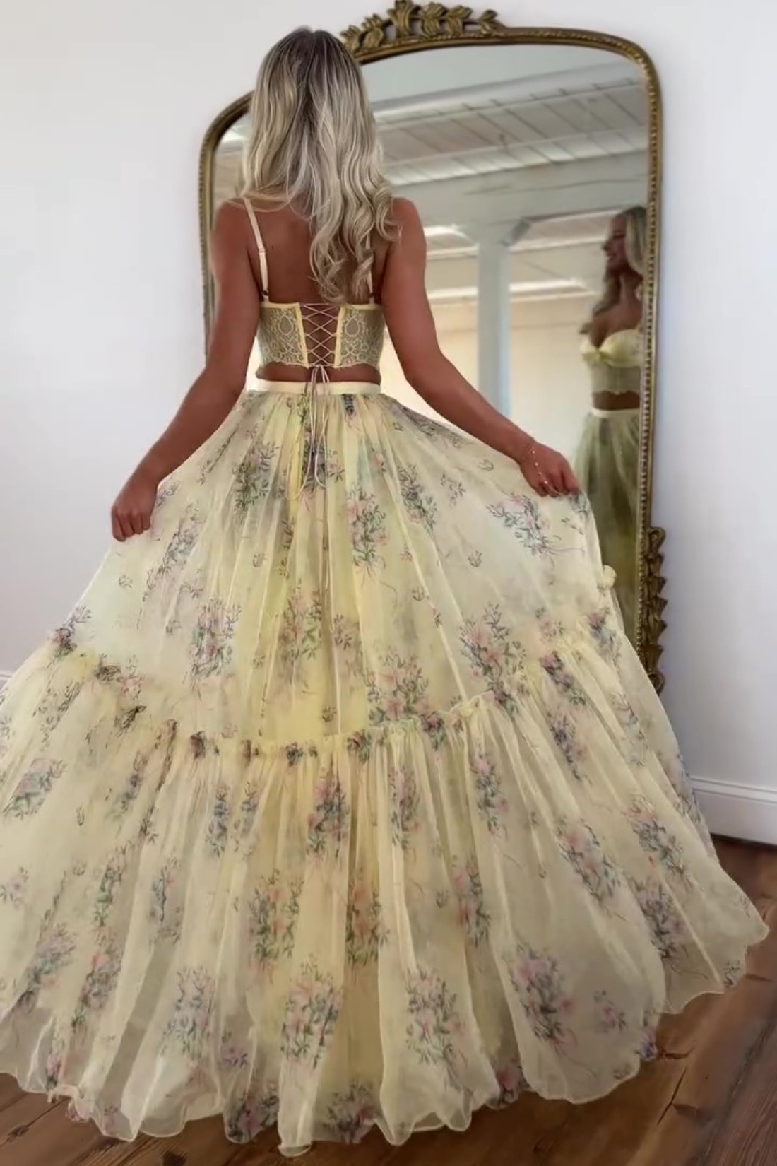 A-line Floral Sweetheart Two Piece Prom Dress