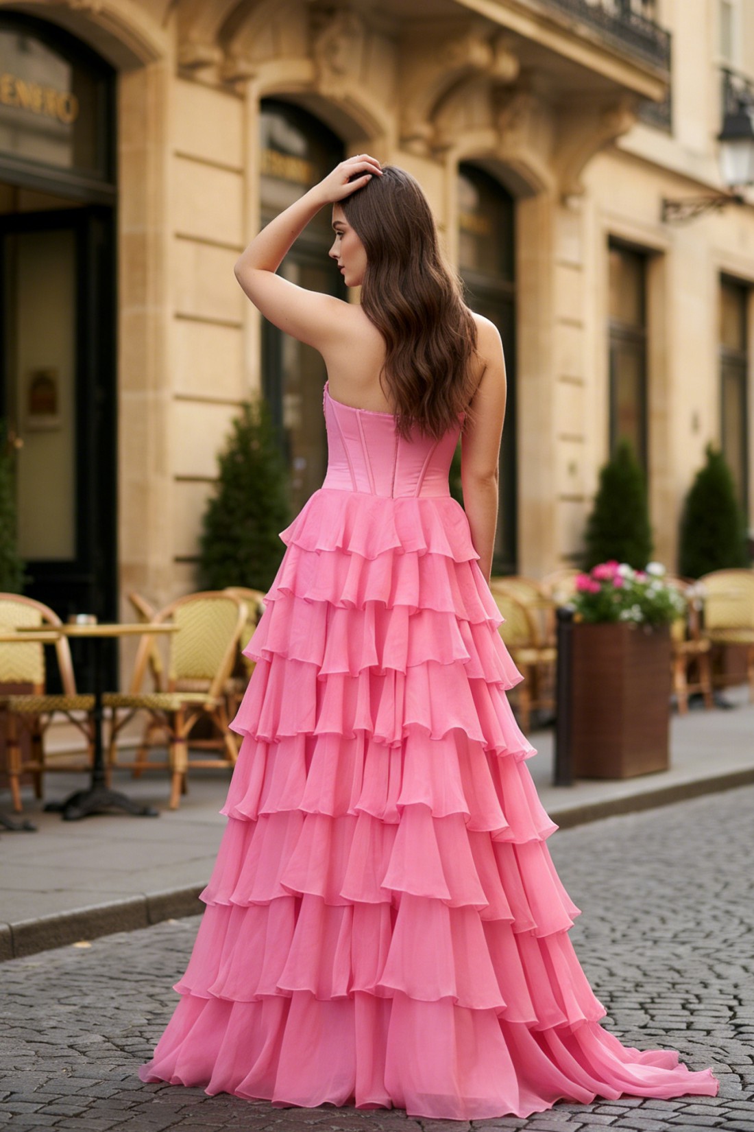 Tiered Sexy Pink Sweetheart Long Prom Dress With Appliques
