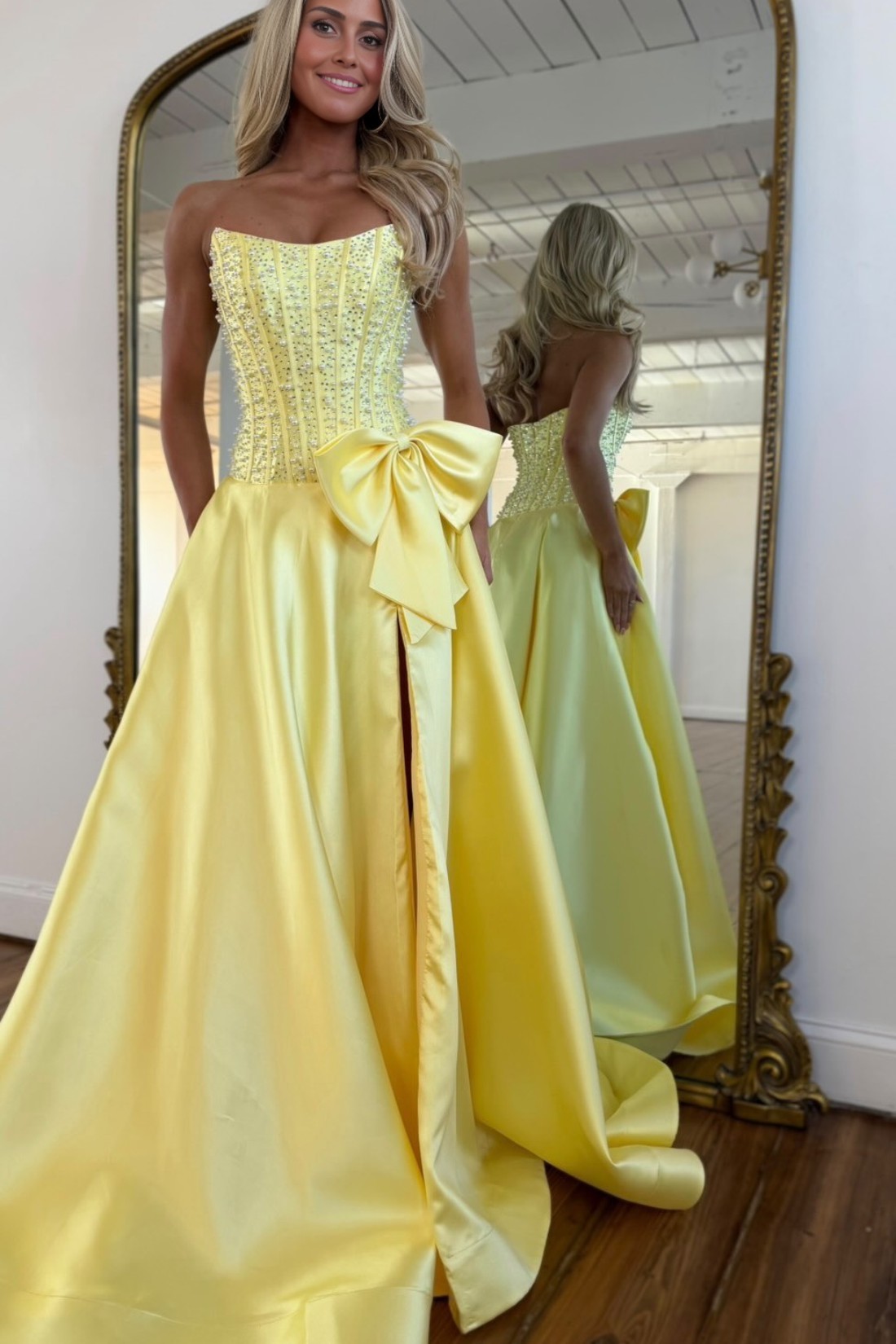 2026 A-line Strapless Long Prom Dress With Pearls