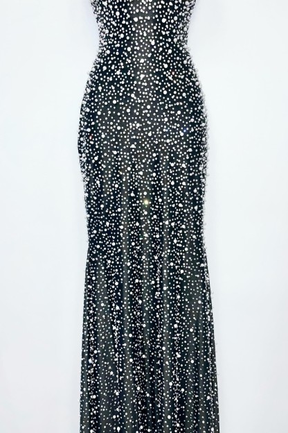 Black V Neck Spaghetti Straps Mermaid Long Prom Dress With Pearls