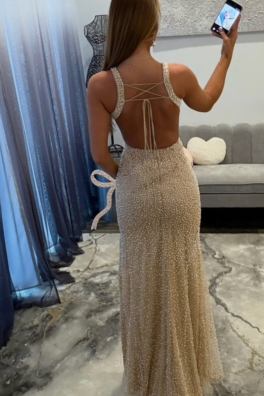 Champagne V Neck Mermaid Long Prom Dress With Pearls