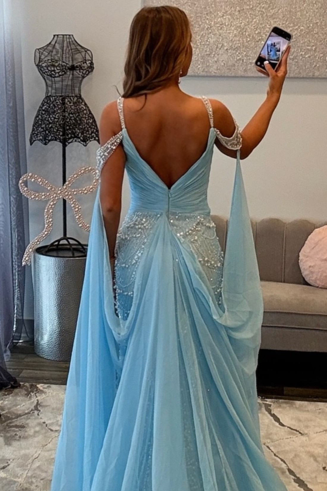 Cloak V Neck Spaghetti Straps Mermaid Long Prom Dress With Pearls