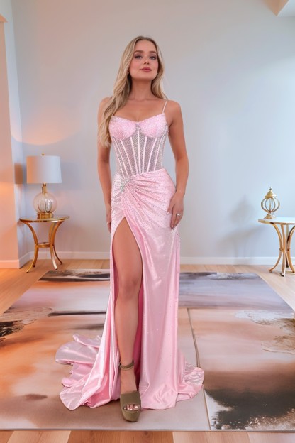 Mermaid Spaghetti Straps Strapless Satin Prom Dress With Beads