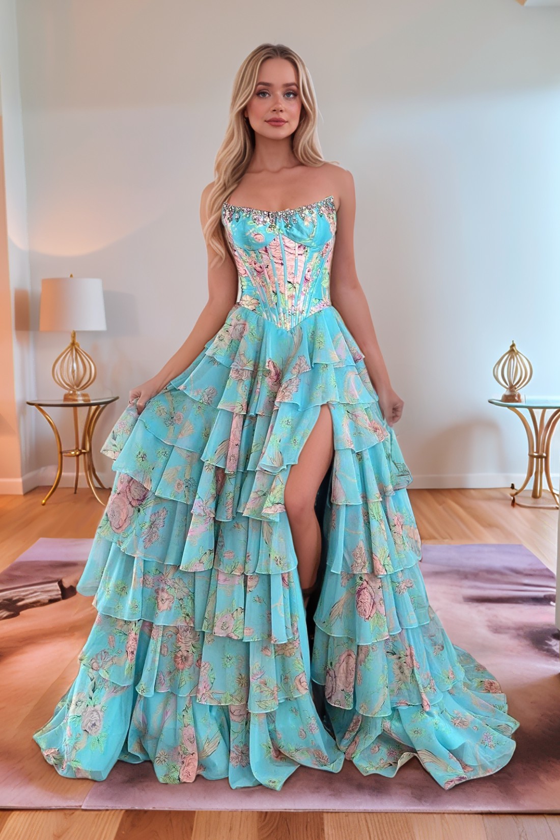 A line Floral Printed Strapless Prom Dress With Slit