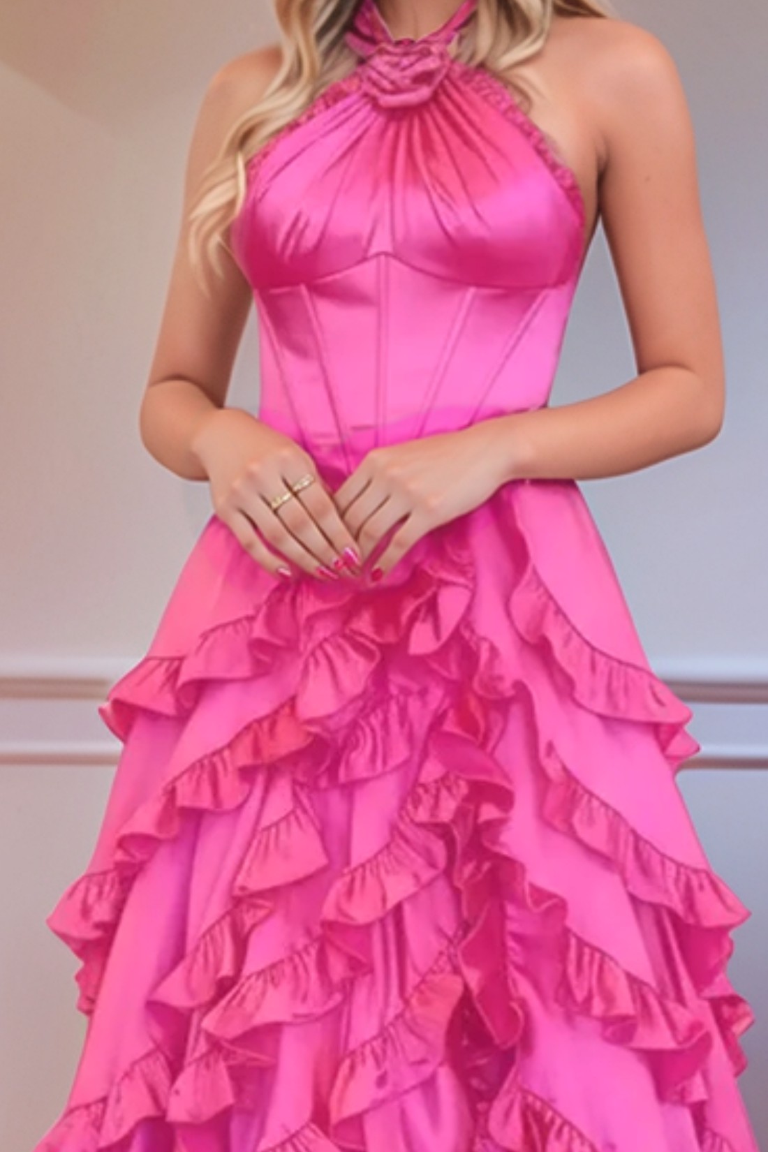 A line High Neck Ruffles Sweep Train Prom Dress