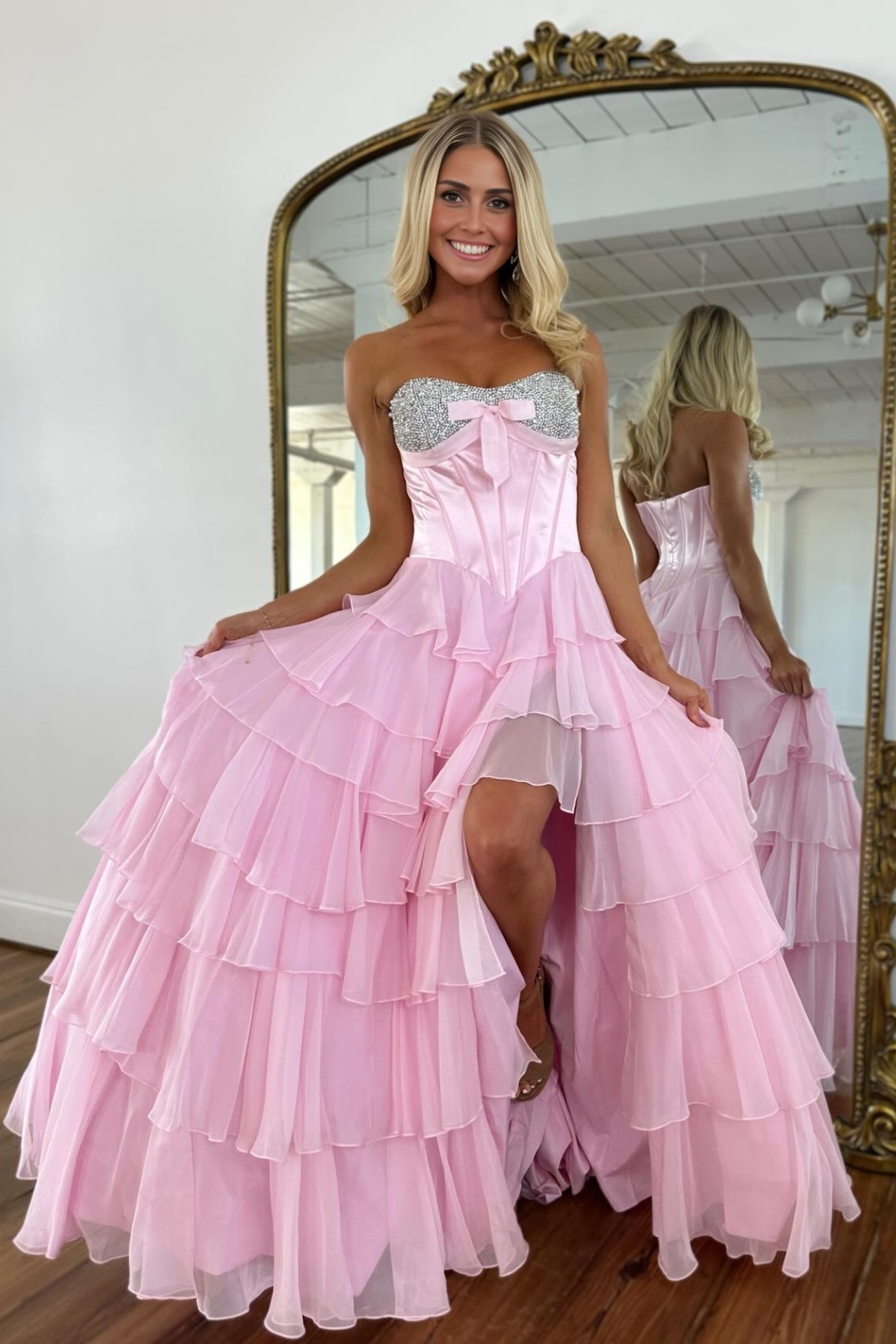 A-line Tiered Strapless Sweetheart Long Prom Dress
