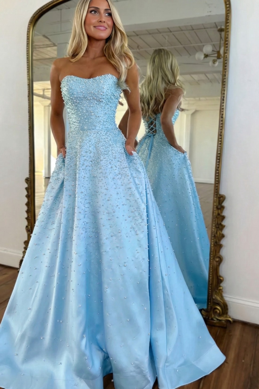 A-line Strapless Sweetheart Long Prom Dress With Beads