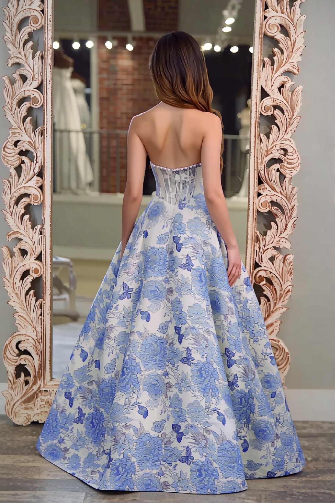 Strapless A line 2.5D Floral Long Prom Dress With Pearls