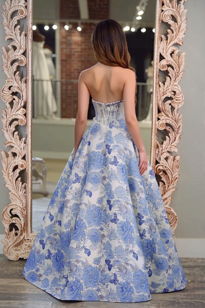 Strapless A line 2.5D Floral Long Prom Dress With Pearls