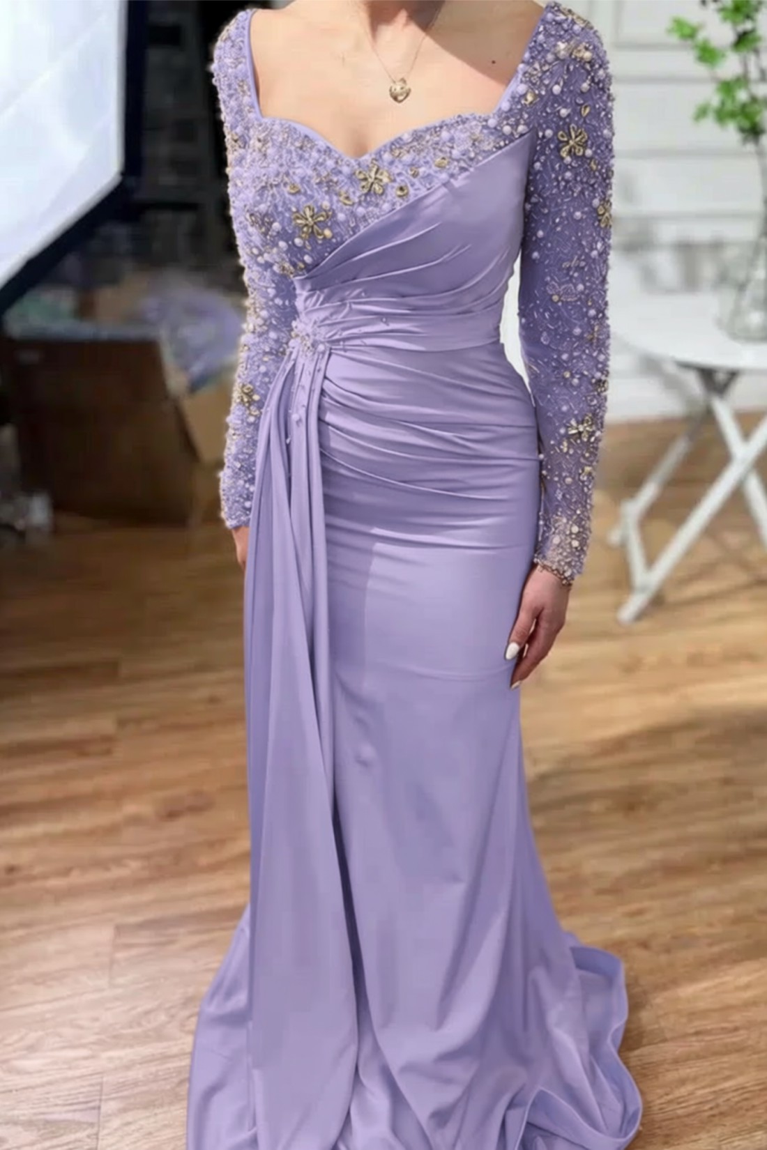 Champagne Long Mermaid Sweetheart Satin Sleeves Formal Prom Dress with Pearls