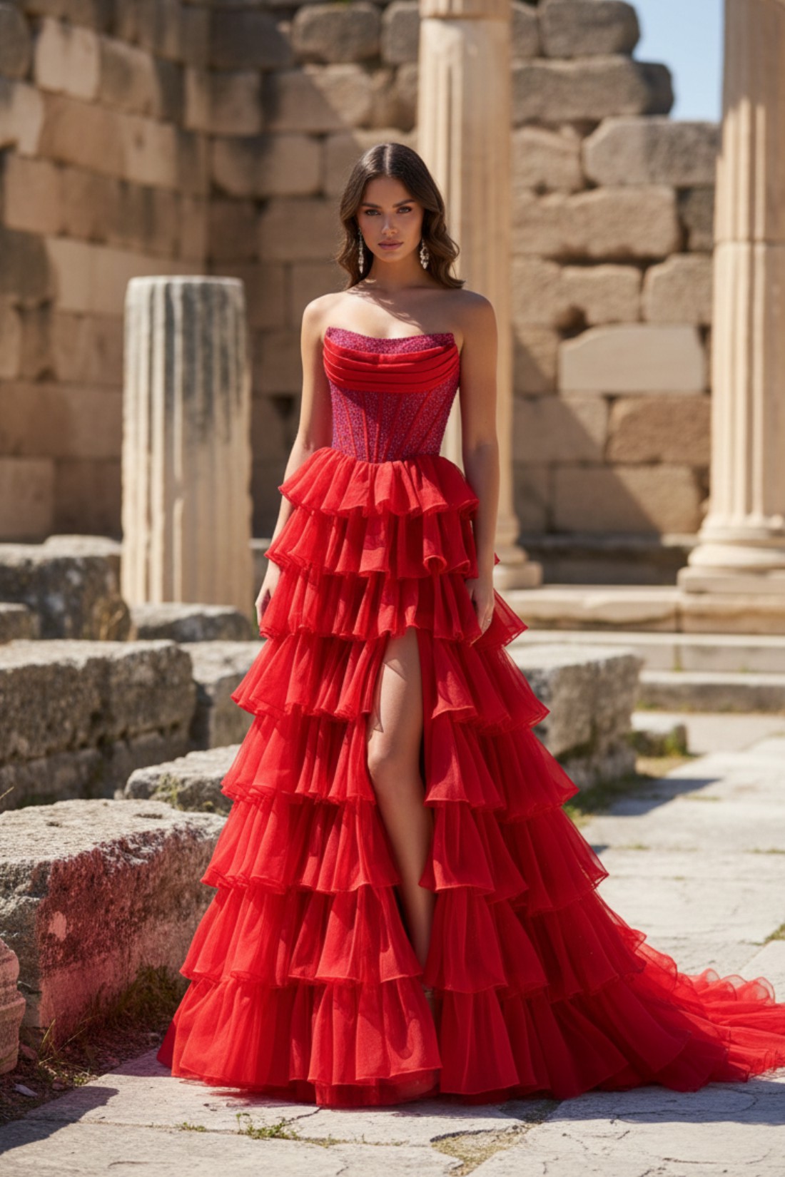 A line Corset Tiered Strapless Long Prom Dress With Beads