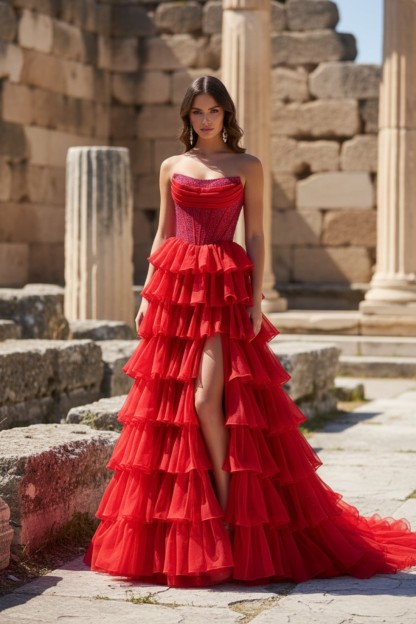 A line Corset Tiered Strapless Long Prom Dress With Beads